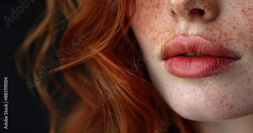 Face and lips of beautiful red-haired woman, freckles on her nose.