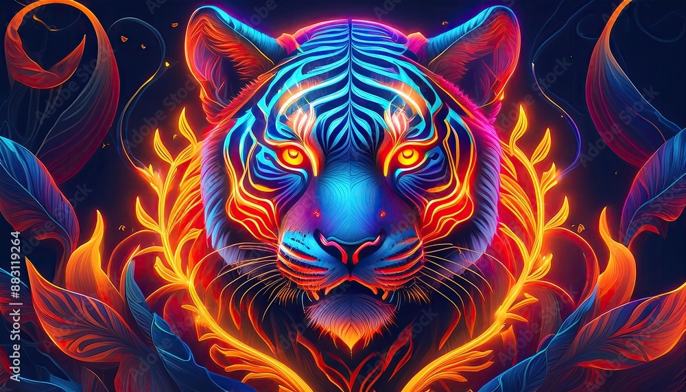 Tiger tattoo art, tiger neon lights - tattoo art, fantasy effect with fire Tiger tattoo art, tiger neon lights - tattoo art, fantasy effect with fire