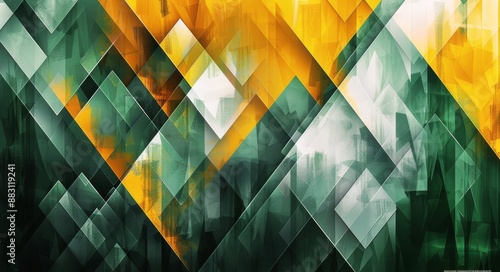 Abstract Geometric Pattern of Green, Yellow, and White Triangles