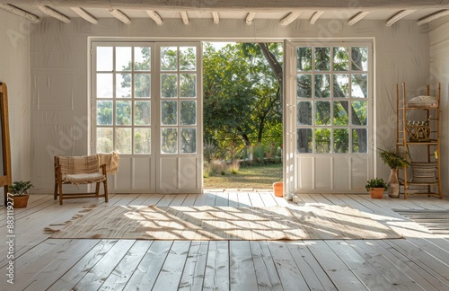 White Room With Open Doors Leading To A Green Garden
