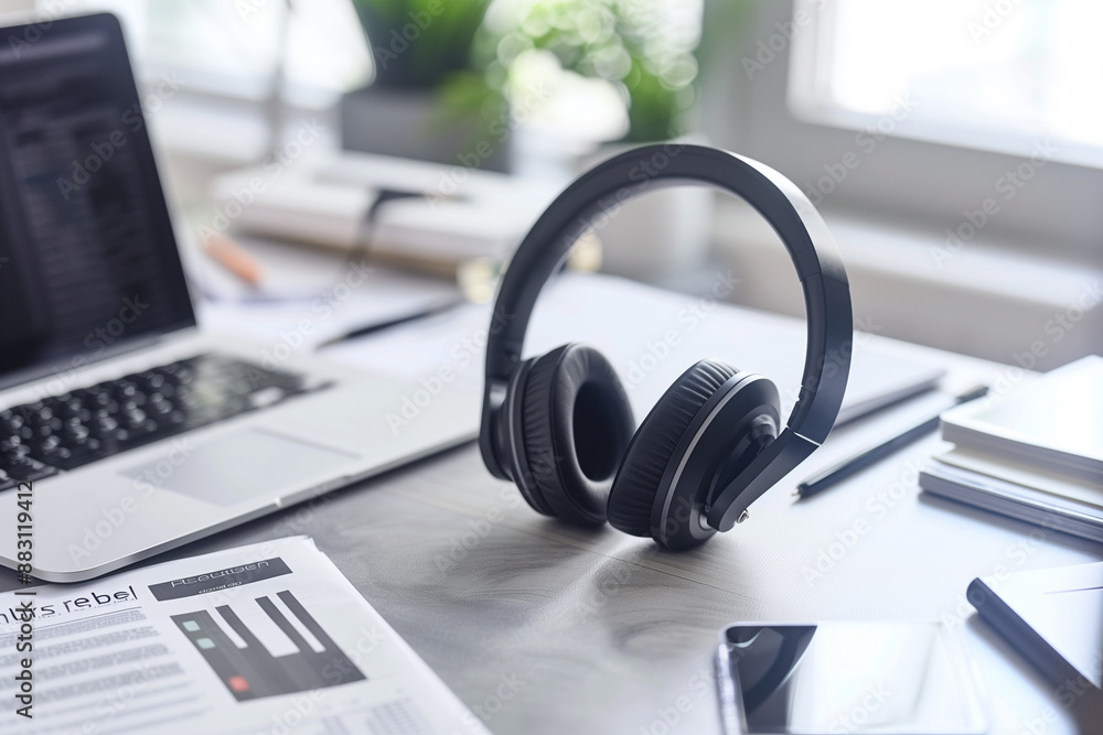 headset or headphone on table with papers around headset or headphone on table with papers around