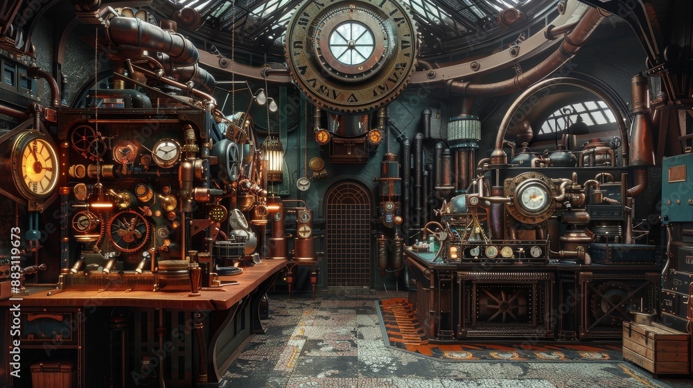 Obraz premium A steampunk-themed industrial workshop with intricate machinery and detailed gears