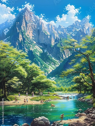 Lake in the mountains with green forests, under a blue sky, showcasing Norway's stunning landscape, Ai generate