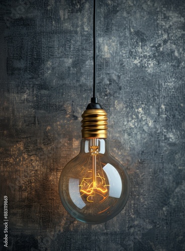 A Single Illuminated Vintage Light Bulb Hanging Against a Gray Textured Wall