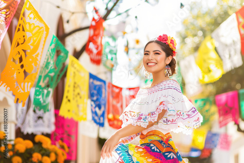 Young woman in colorful traditional dress dancing at an outdoor festival. Hispanic heritage month, Cultural celebration, folk dance, joy, heritage, festive decorations