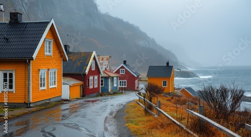 Colorful Houses on a Coastal Road in Norway on a Misty Day
