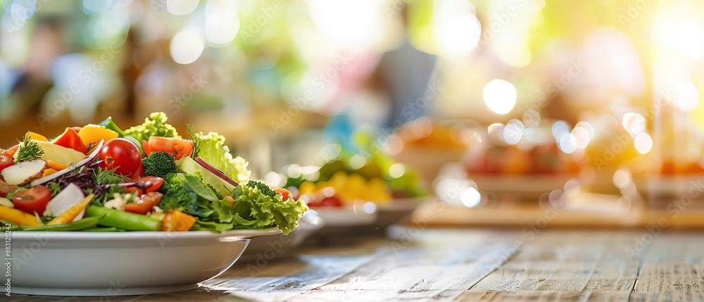 Colorful fresh salad with greens and vegetables on a wooden table, sunlight streaming in, creating a cozy dining atmosphere. Colorful fresh salad with greens and vegetables on a wooden table, sunlight streaming in, creating a cozy dining atmosphere.