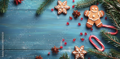 Festive Christmas Decorations on Blue Wooden Background