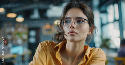 Portrait of a beautiful businesswoman in a yellow shirt and glasses.