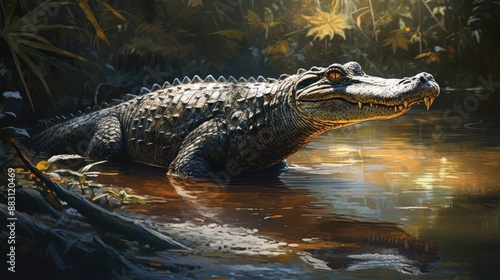 A prehistoric crocodile emerges from the waters edge its powerful presence commanding attention photo