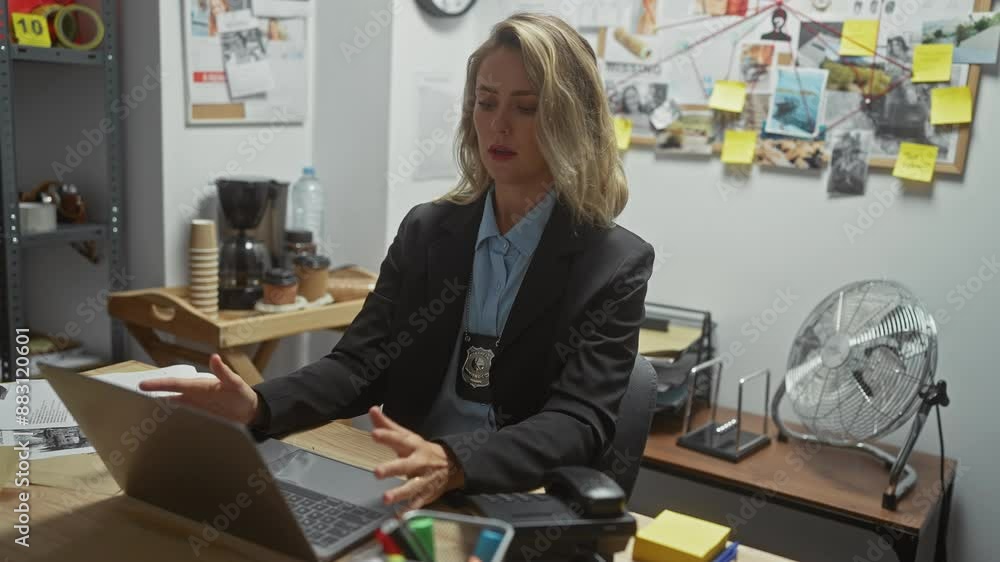 Caucasian woman detective stressed while working on a crime case in an indoor police station office. Caucasian woman detective stressed while working on a crime case in an indoor police station office.