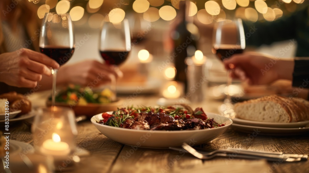 Cozy dinner party with friends, enjoying food and wine with bokeh lights in the background creating a warm and inviting atmosphere. Cozy dinner party with friends, enjoying food and wine with bokeh lights in the background creating a warm and inviting atmosphere.