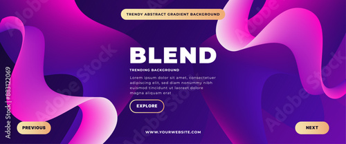 Gradient purple pink blending waves on dark blue background. Dynamic fluid shapes. Trendy flowing wavy line pattern. Futuristic technology concept. UI website template and layout.