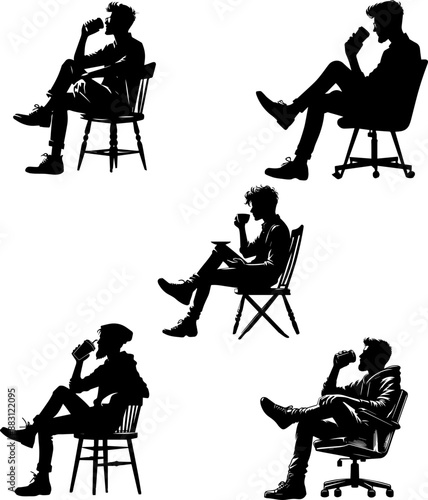 set of silhouette of a person sitting on a chair and drinking coffee