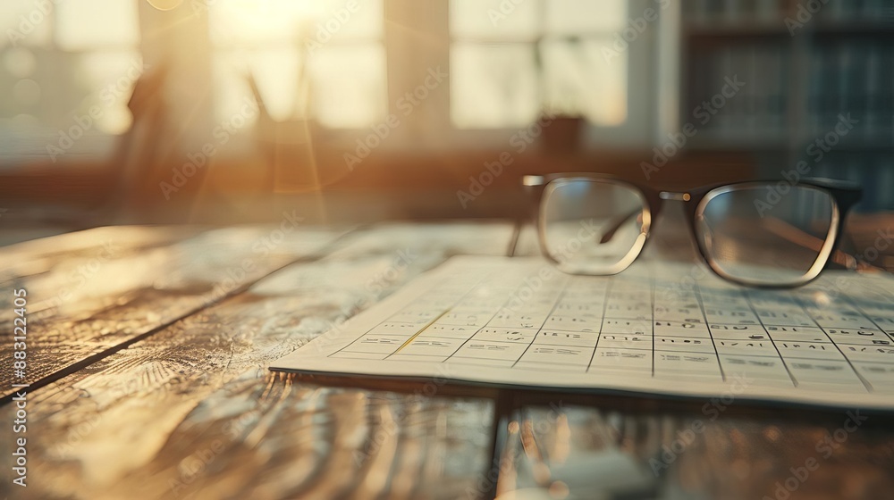 Cozy morning scene with reading glasses on crossword puzzle, sunlight streaming through a window. Concepts of leisure, relaxation, and intellectual pursuit. Cozy morning scene with reading glasses on crossword puzzle, sunlight streaming through a window. Concepts of leisure, relaxation, and intellectual pursuit.