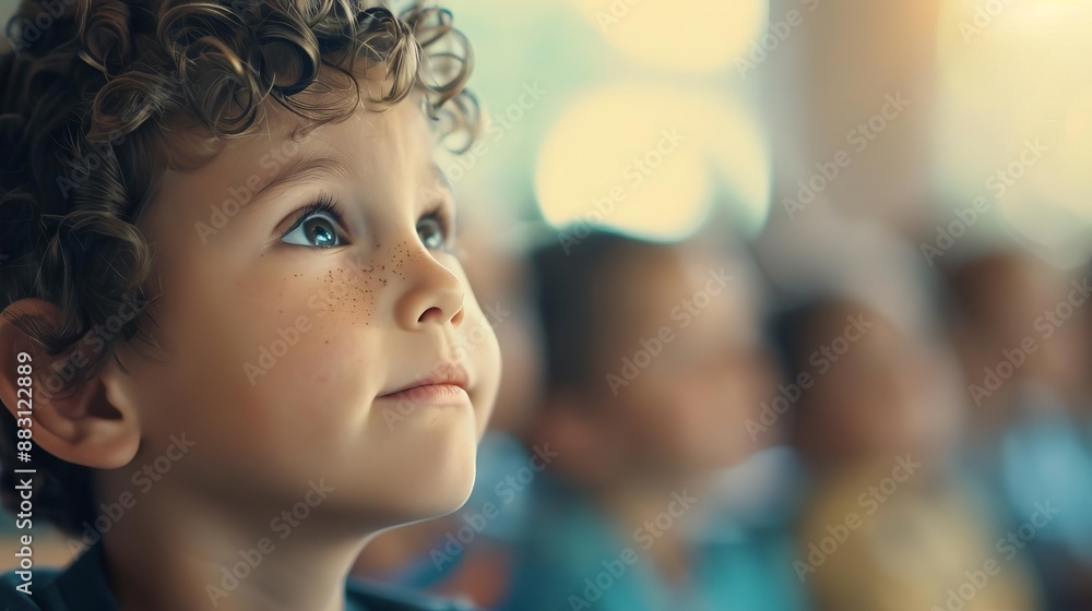 Curly-haired child gazing upwards with wonder in a classroom setting, surrounded by blurred classmates and soft lighting. Curly-haired child gazing upwards with wonder in a classroom setting, surrounded by blurred classmates and soft lighting.