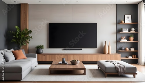 Big TV with blank screen ready for mock up in a living room—modern living room decor with a TV cabinet. 