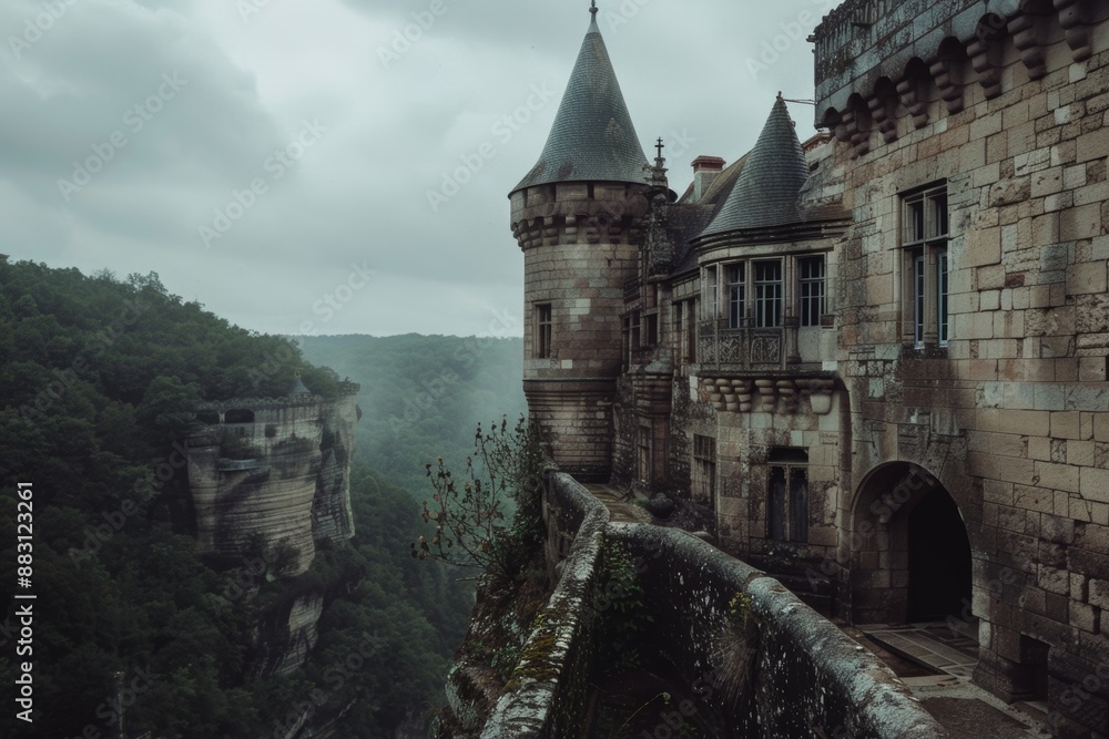 Obraz premium Misty castle perched on cliff edge, overlooking forested valley in moody atmosphere.