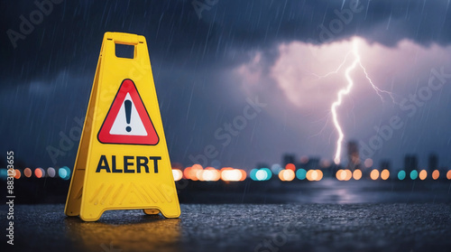 Weather alert. Yellow warning sign with exclamation sign pointing to bad and dangerous weather conditions. Severe weather and storm