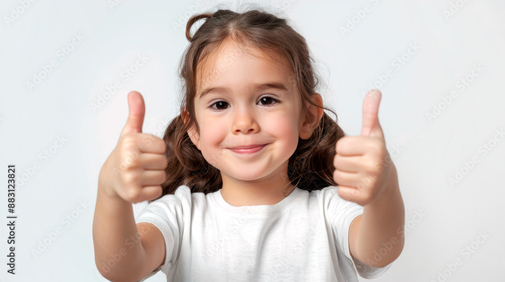 Portrait of a little Caucasian girl in a white T-shirt showing thumbs up on a white background. Children's emotions Portrait of a little Caucasian girl in a white T-shirt showing thumbs up on a white background. Children's emotions