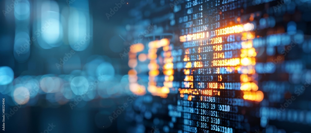 Obraz premium Digital code and data visualization with glowing numbers and letters, representing technology, computing, and programming concepts.