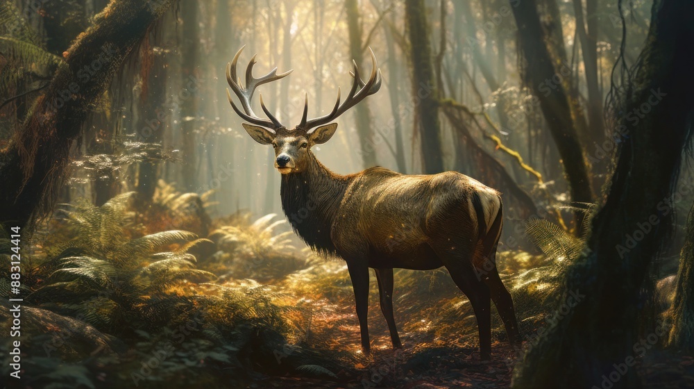 Fototapeta premium Majestic Elk Stands Tall in the Enchanted Forest Surrounded by Sunlight and Greenery