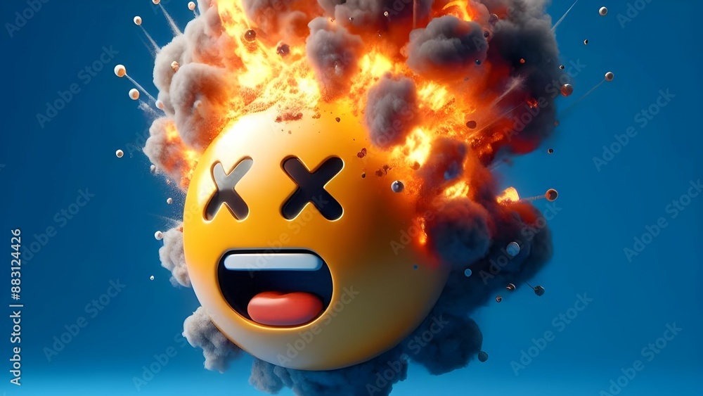 Fototapeta premium 3d render abstract design of happy exploding head emoji In blue background