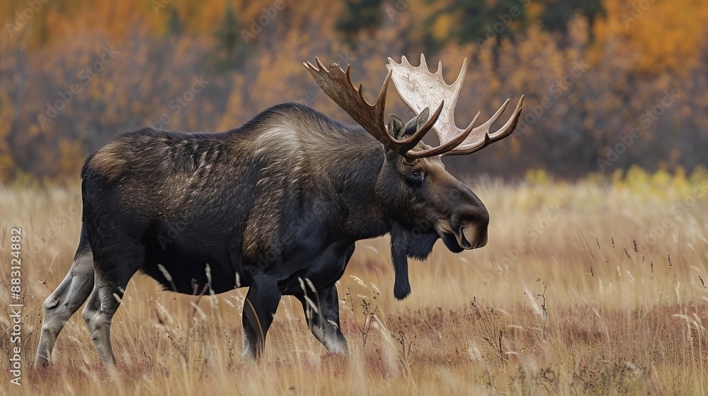 Fototapeta premium A powerful moose with impressive antlers stands in a wild meadow during the fall, its brown coat blending with the golden hues of the autumn grasses and leaves around it.