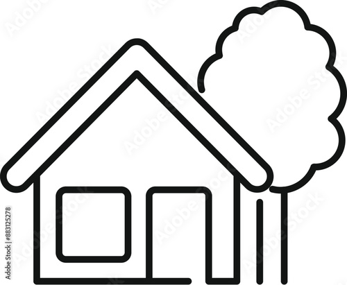 Simple black and white line drawing of a house with a tree, perfect for representing the concept of home