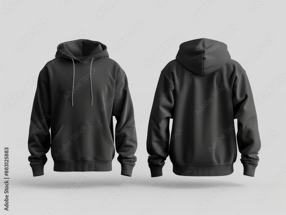 Blank mock up of a black hoodie, front and back view, against a light grey background, simple and modern Blank mock up of a black hoodie, front and back view, against a light grey background, simple and modern