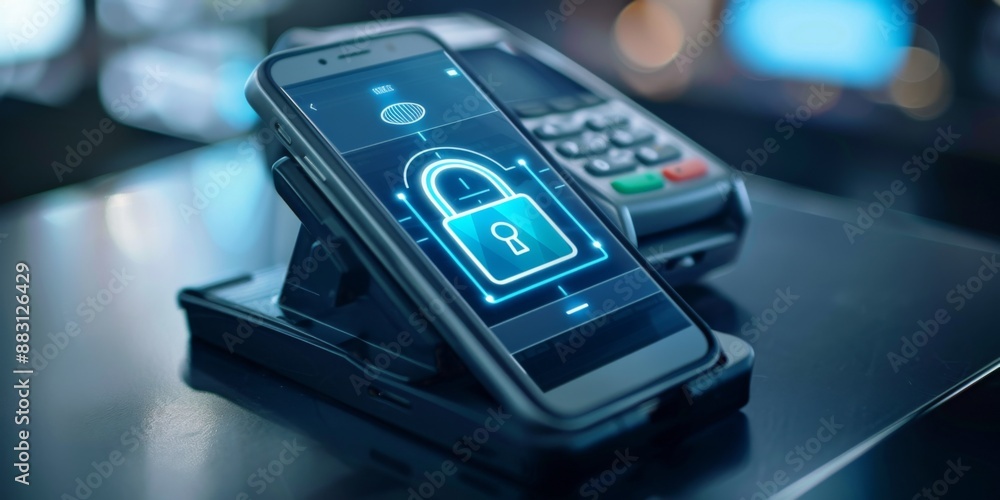 Obraz premium Digital Transaction Security and Convenience Highlighted in Contactless Payment Concept with Locked Smartphone Display