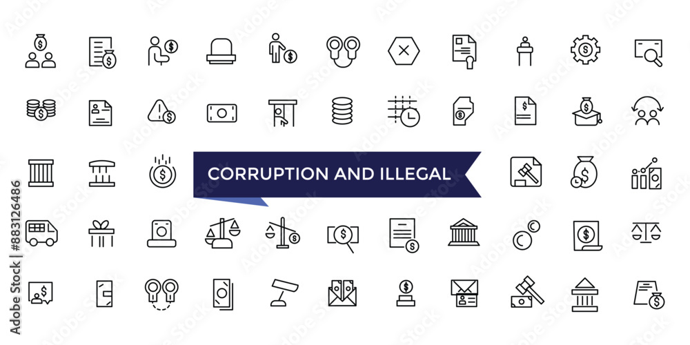 Corruption And Illegal Line Icons set with editable stroke collection for web and ui. Line icons pack. Vector illustration. Corruption And Illegal Line Icons set with editable stroke collection for web and ui. Line icons pack. Vector illustration.