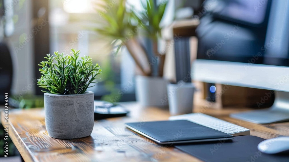 A workspace with a computer, notepad, and potted plant High quality images A workspace with a computer, notepad, and potted plant High quality images