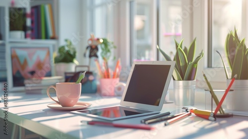 Wallpaper Mural A clean desk with a tablet, coffee mug, and office supplies High quality images Torontodigital.ca