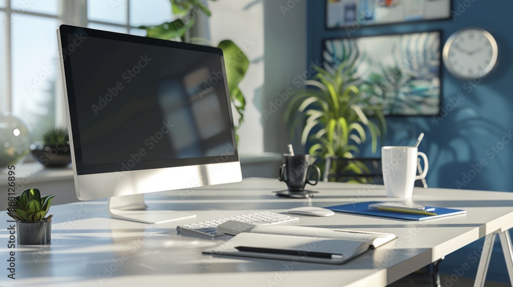 A tidy office with a desktop computer, coffee cup, and notebook High quality images A tidy office with a desktop computer, coffee cup, and notebook High quality images