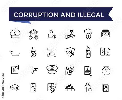 Corruption And Illegal Line Icons set with editable stroke collection for web and ui. Line icons pack. Vector illustration.