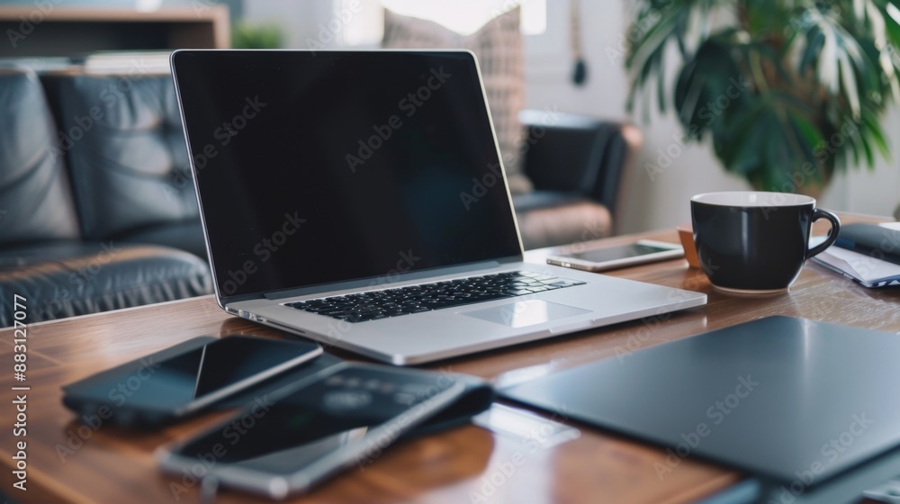 Laptop, Phone and Tablet on Wooden Table. Laptop, Phone and Tablet on Wooden Table.