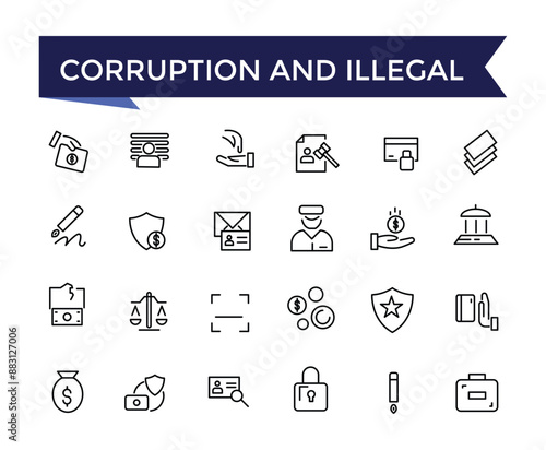 Corruption And Illegal Line Icons set with editable stroke collection for web and ui. Line icons pack. Vector illustration.