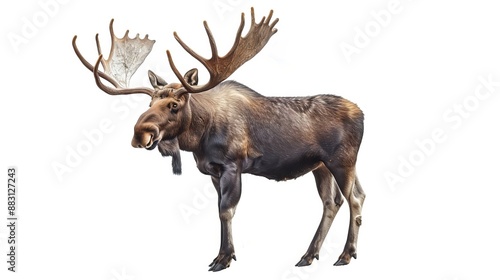 Wallpaper Mural A digitally rendered image of a large, majestic moose with impressive antlers standing alone against a white background, showcasing its strong features and powerful stance. Torontodigital.ca