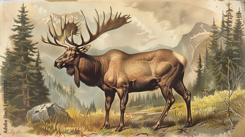 A digital artwork depicting a moose standing proudly in a mountainous landscape amid dense forest surroundings, encapsulating the essence of wilderness and natural grandeur. A digital artwork depicting a moose standing proudly in a mountainous landscape amid dense forest surroundings, encapsulating the essence of wilderness and natural grandeur.