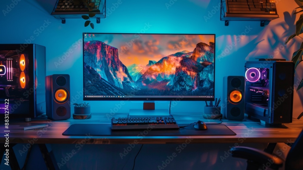Gaming Setup with RGB Lighting and Mountain Landscape Wallpaper. Gaming Setup with RGB Lighting and Mountain Landscape Wallpaper.