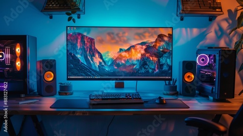 Gaming Setup with RGB Lighting and Mountain Landscape Wallpaper.
