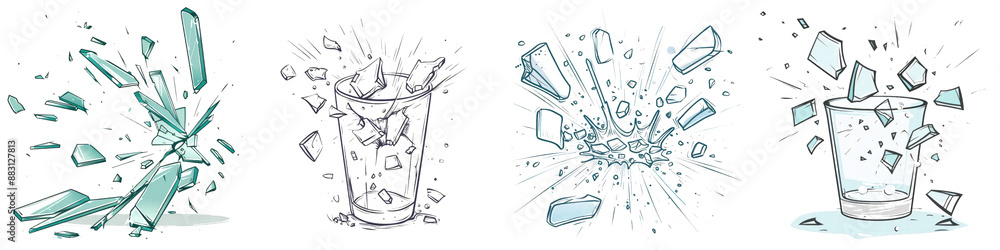 Four images of glass shattering, including cups and pieces flying, illustrated with detailed and dynamic effects on a transparent background. Four images of glass shattering, including cups and pieces flying, illustrated with detailed and dynamic effects on a transparent background.