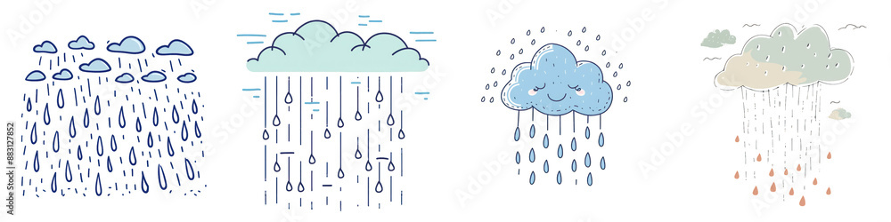 Illustration of four clouds with raindrops on transparent background. Different styles of clouds depict various weather conditions. Illustration of four clouds with raindrops on transparent background. Different styles of clouds depict various weather conditions.