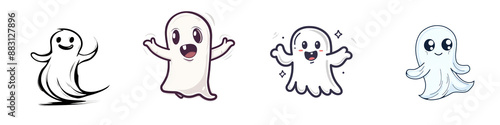 A variety of cute cartoon ghosts on a transparent background, showcasing different emotions and poses. Perfect for Halloween themes and decorations.