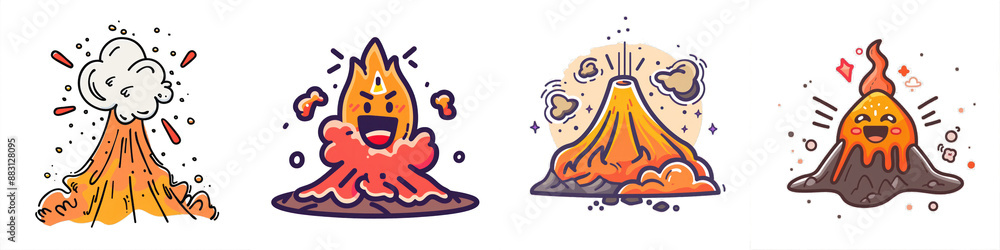 Fototapeta premium Set of colorful cartoon volcanoes erupting with expressions on a transparent background. Great for educational and creative projects.