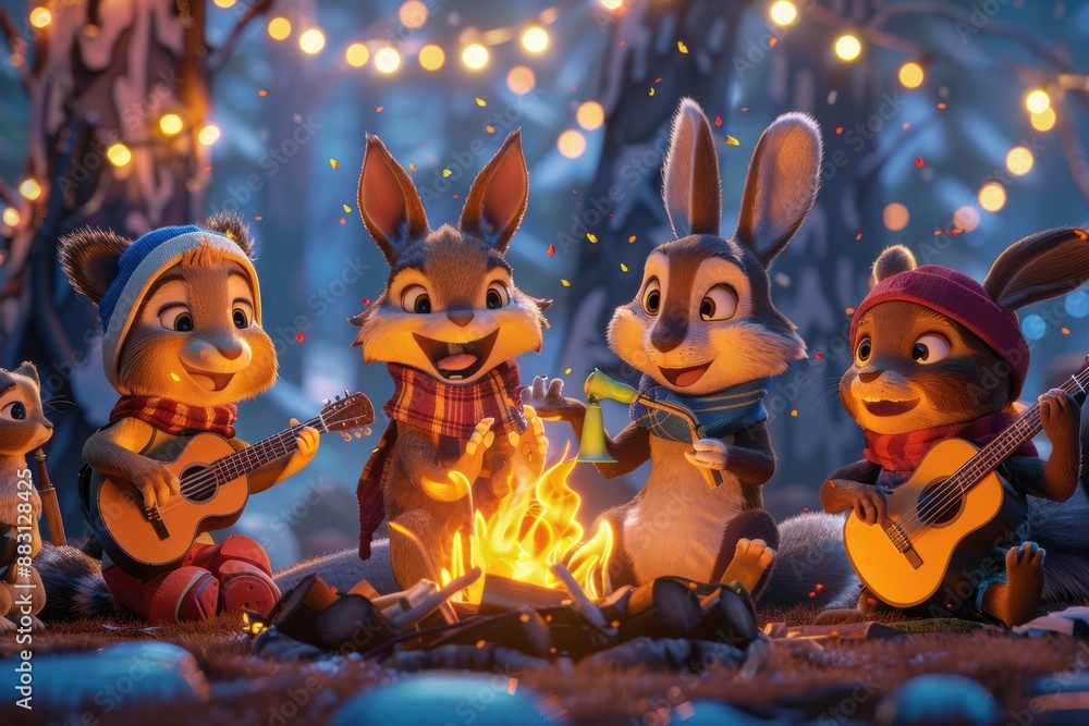 Obraz premium Animated Animals Sing Around Campfire