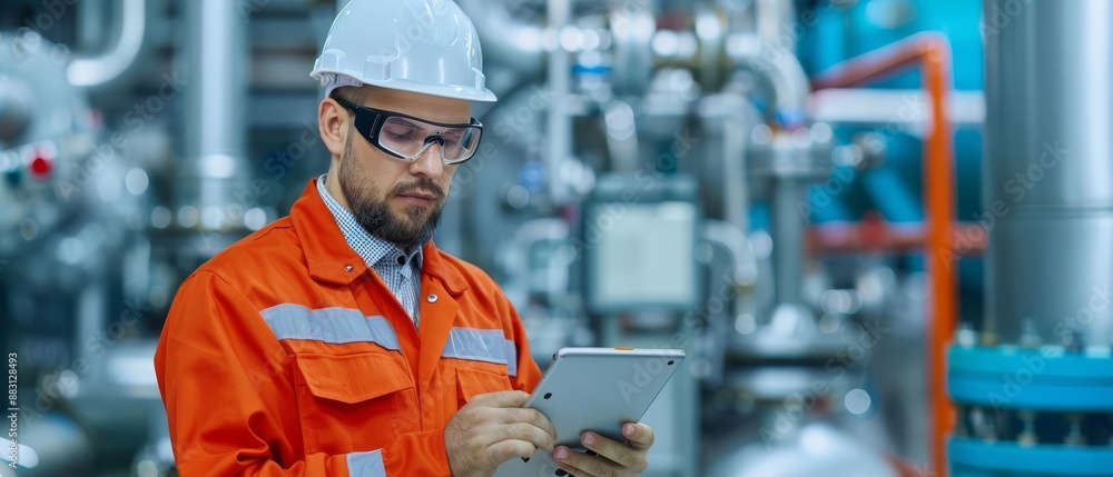 Engineer in protective gear using a tablet in an industrial facility. Focused professional in a high-tech manufacturing environment.