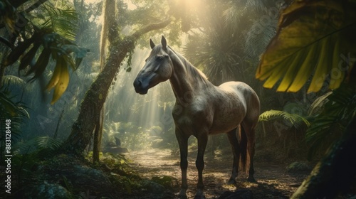 Fototapeta Naklejka Na Ścianę i Meble -  A majestic white horse stands in a lush green jungle clearing bathed in warm sunlight