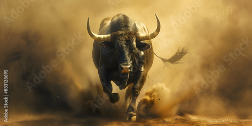 Buffalo running kicking up dust, rodeo